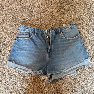 Zara Women's 12 Light Wash Blue Distressed Rolled Hem Denim Shorts